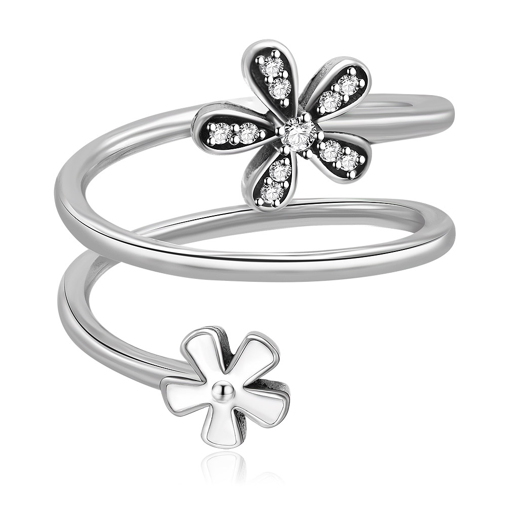 Sterling Silver Double Flower Blooms Spiral Ring